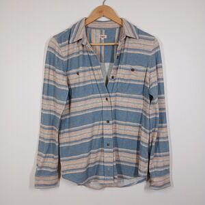 Faherty Shirt Womens Small Blue Beige Striped Button Up Casual Soft Flannel